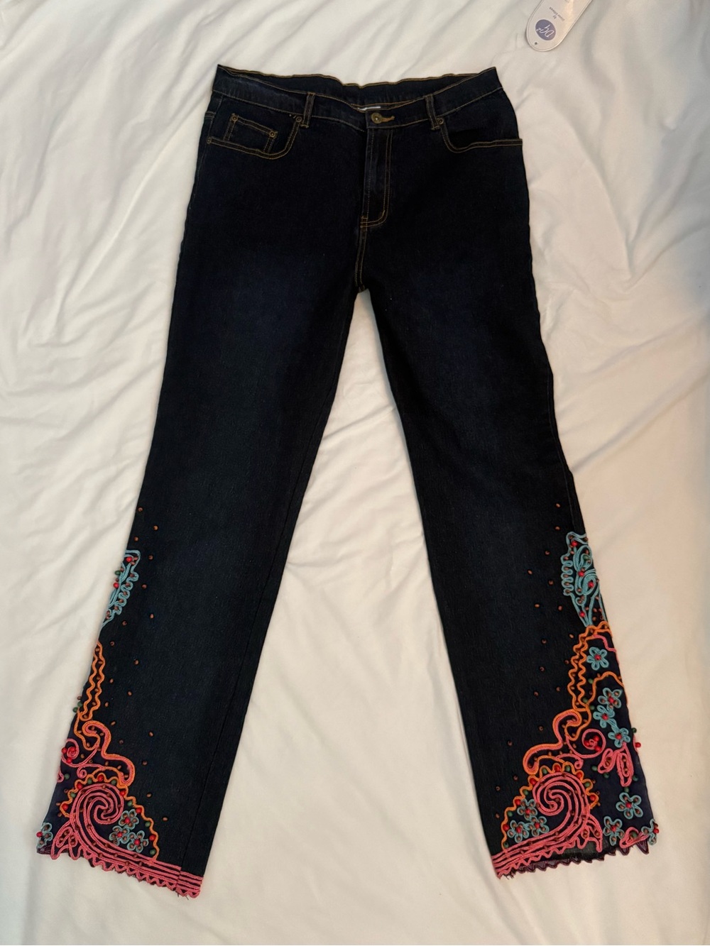 Diane Gilman Dark Blue Bootcut Jeans with Multicolored Beading and Embroidery